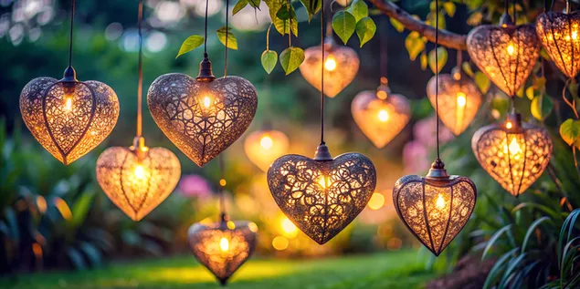 Hand-Drawn Heart-Shaped Lanterns Glowing in Serene Nighttime Garden 4K wallpaper