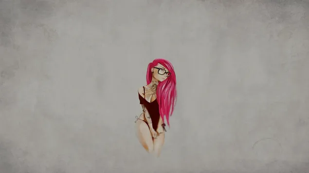 Hand-drawn woman with pink hair style glasses and mini dress