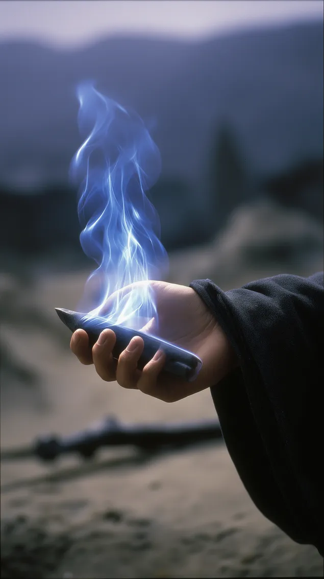 ruka drzi predmet koji emitira plavi plamen u tamnom okruzenju preuzmi