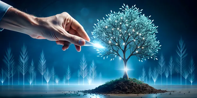 Ručna sadnja sjemena u uspješno drvo s granama koje formiraju strelice prema gore 4K pozadina