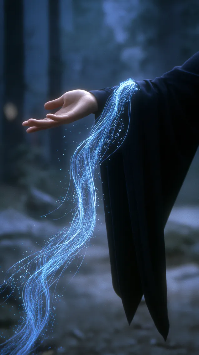 ruka koja vuce svjetlece plave energetske pruge u sumi preuzmi