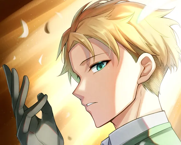 Handsome anime character with blond hair, green eyes, gloves from the Spy x family series