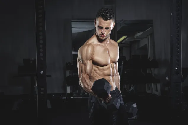 Knappe bodybuilder die dumbbells sportschool traint 2K achtergrond