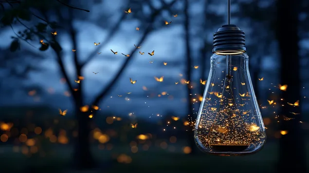 viseca staklena zarulja sa zlatnim krijesnicama u mracnoj vecernjoj sumi preuzmi