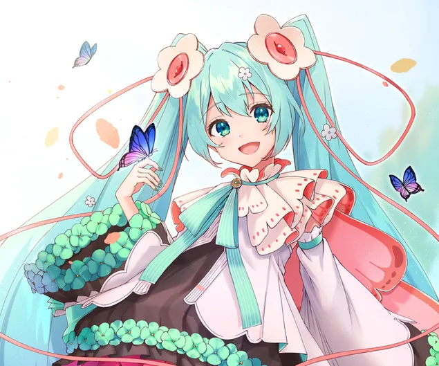 Cô gái anime hạnh phúc với mái tóc dài màu xanh lá cây, đôi mắt màu xanh lá cây và bộ trang phục tuyệt vời