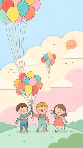 happy children's day with colorful balloons and joyful kids in a pastel cartoon sky download