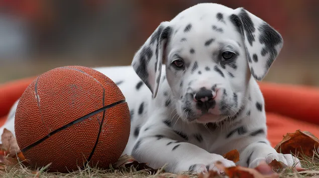 Tapeta Šťastné dalmatinské štěně s míčkem na podzimní odpoledne 2K