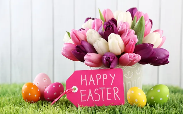 Glædelig påske farverige æg og tulipaner download