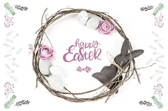 Fröhliches Osterblumenlayout mit getrocknetem Stockkranz und Osterornamenten herunterladen