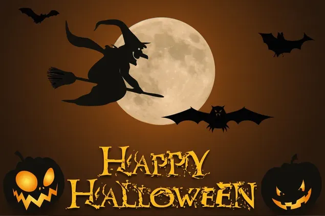 Gelukkig Halloween Van Heks Met Haar Vleermuizen En Jack-o'-lantern