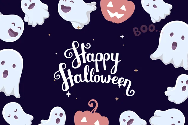 Happy halloween text around scary ghosts