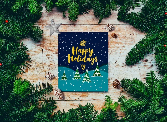 Happy Holidays greeting cards with pine tree leaves and pinecone