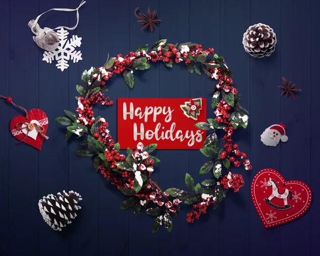 Felices fiestas saludos con adornos navideños 4K fondo de pantalla