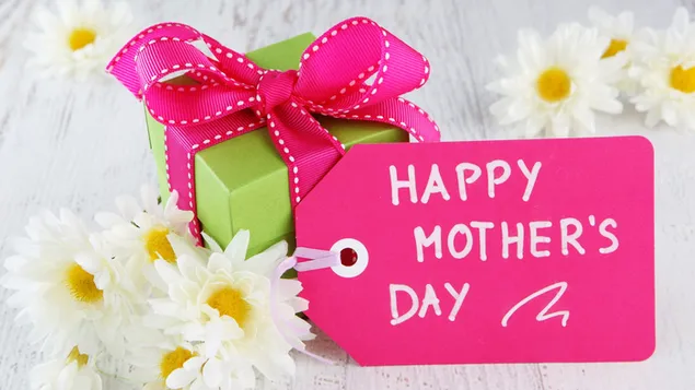 Fröhliche Gänseblümchen und Geschenkbox zum Muttertag 4K Hintergrundbild