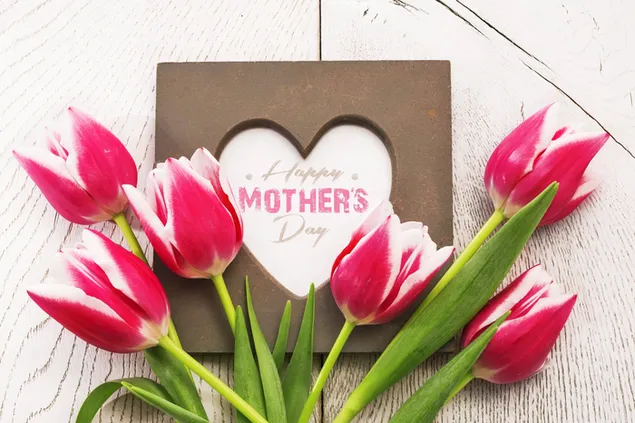 Happy Mother's Day roze witte tulpen 4K achtergrond