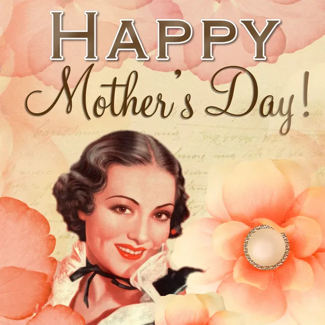 Vintage Grüße der glücklichen Mutter Tagesmit einer Frau und Blumen 2K Hintergrundbild