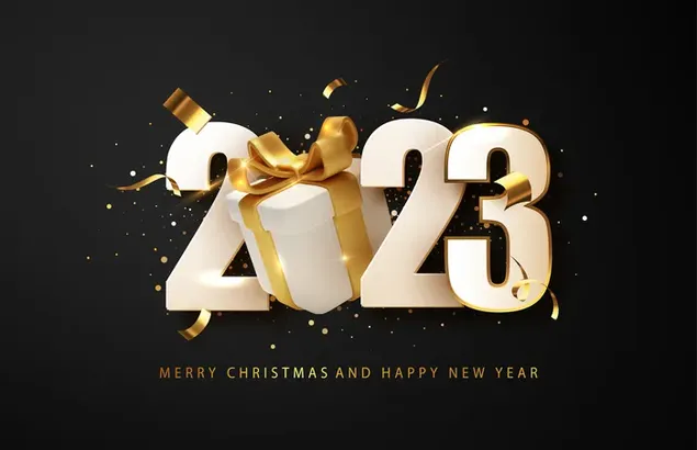 Frohes neues Jahr 2023 Schriftzug auf schwarzem Hintergrund mit Geschenkbox-Design herunterladen
