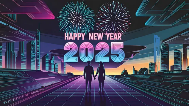 2025 年新年快樂，煙火和霓虹燈 4K 壁紙