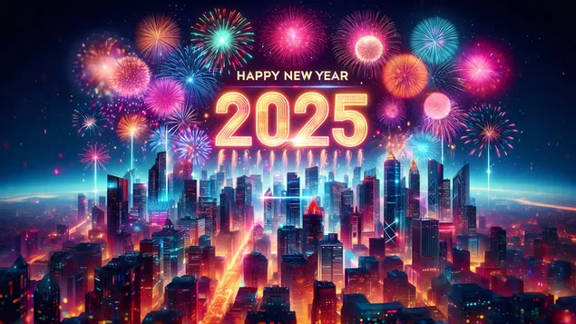 2025 年新年快樂，未來城市 4K 壁紙