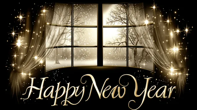 Sretna Nova godina, pogled s prozora na zimsko drveće 2K pozadina