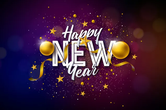 Tapeta Šťastný nový rok text a hvězda, zeměkoule, světlo svítí ozdoby přes fialovou s modrým pozadím s přechodem 6K