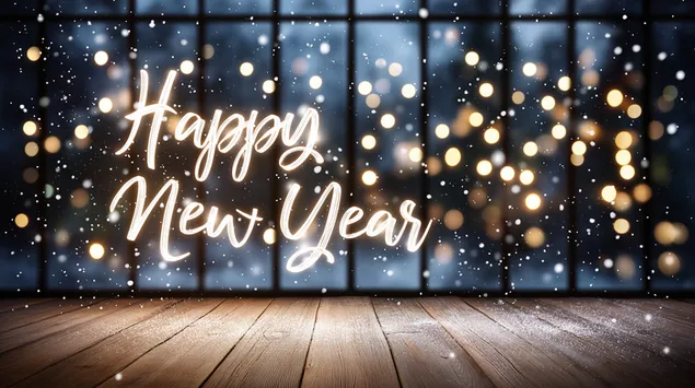 雪花和散景灯在木头上，新年快乐 2K 壁纸
