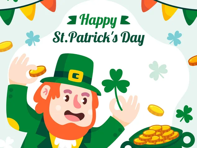 Happy St. Patrick's Day - leprechaun, coins and clovers