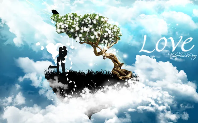 雲の中の木の下で恋に幸せなバレンタインのカップル 2K 壁紙