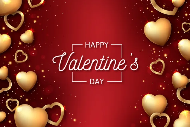 Happy Valentijnsdag belettering op rode achtergrond omringd door gouden harten download