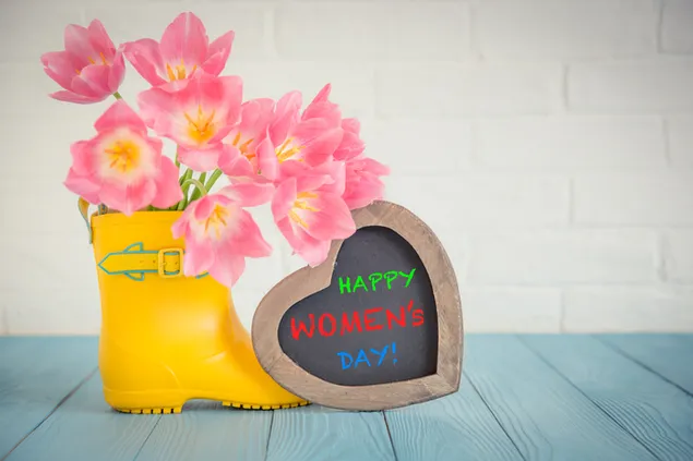 saudacoes felizes do dia da mulher com uma flor rosa em botas amarelas download