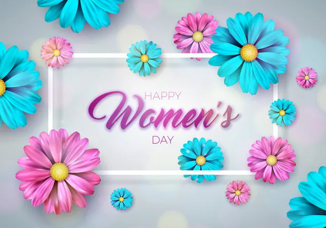 Happy Women's Day Schriftzug in einem weißen Rahmen und bunten Blumen um ihn herum herunterladen