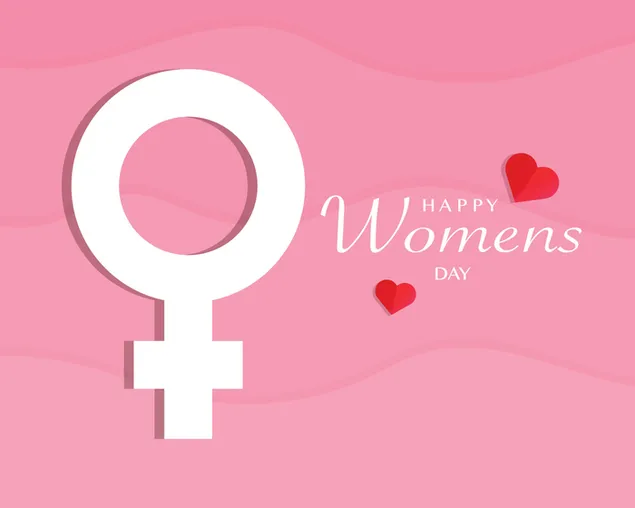 Happy Women's Day Schriftzug neben weiblichen Geschlechtszeichen kleine rote Herzen und rosa Hintergrund herunterladen