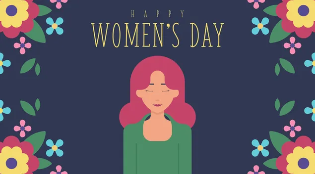 Happy Women's Day-Schriftzug unter der Frauenzeichnung und Blumen an den Rändern 4K Hintergrundbild