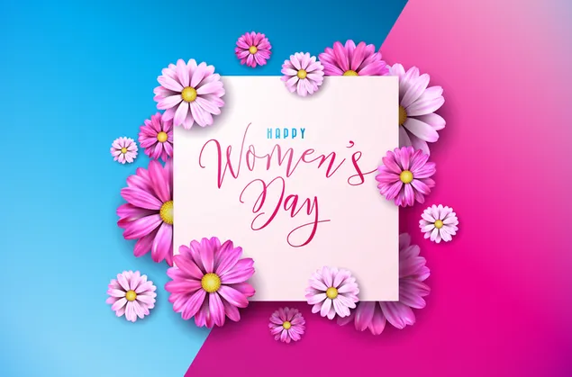Happy Women's Day Schriftzug Grenze rosa Gänseblümchen, blau rosa Hintergrund