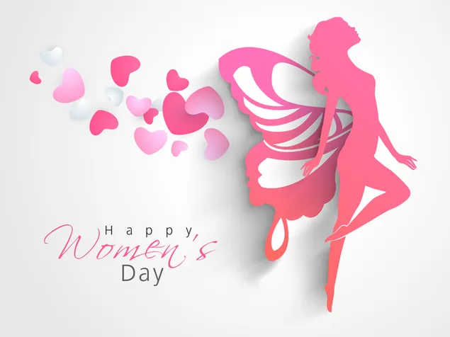 Glückliche Frau zum Frauentag mit rosa Schmetterlingsflügeln 2K Hintergrundbild