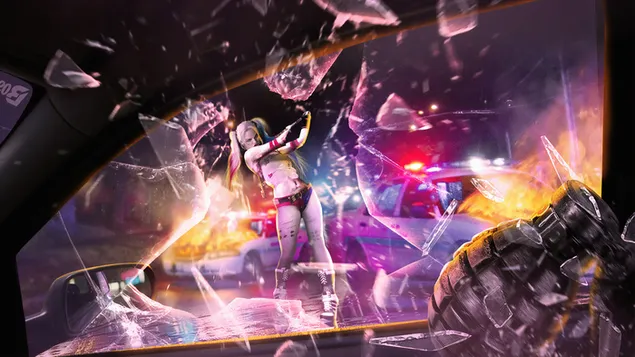 Harley Quinn broke a car window 4K wallpaper