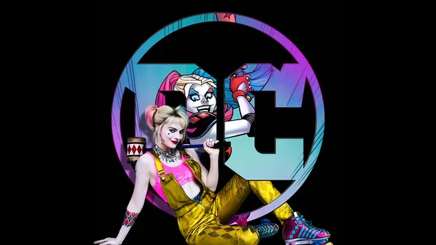 Harley Quinn met DC-logo-achtergrond download