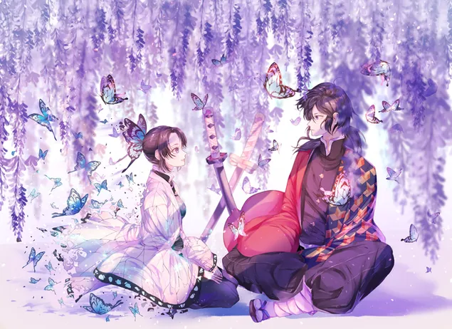 Hashiras Shinobu und Giyu mit lila Wisteria- und Schmetterlingshintergrund