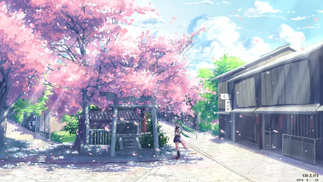 Hatsune Miku unter dem Sakura-Blütenbaum 2K Hintergrundbild
