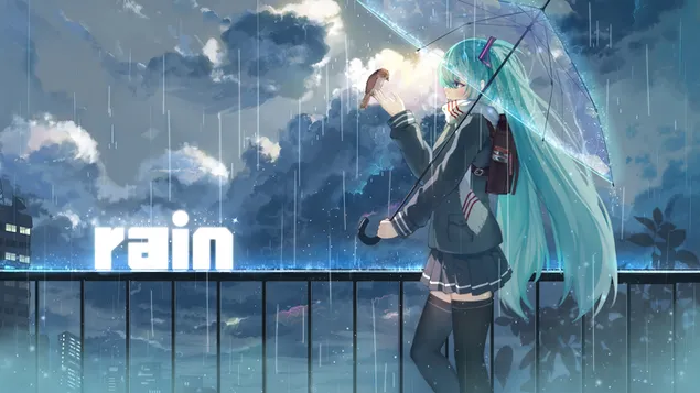 Hatsune Miku walking in rain