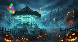 Tapeta Strašidelný halloweenský karneval: strašidelní klauni, svítící dýně a strašidelné jízdy 2K