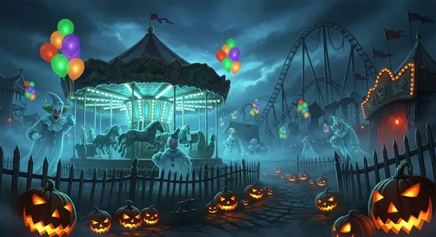 闹鬼万圣节嘉年华：幽灵小丑、发光南瓜和恐怖游乐设施 2K 壁纸