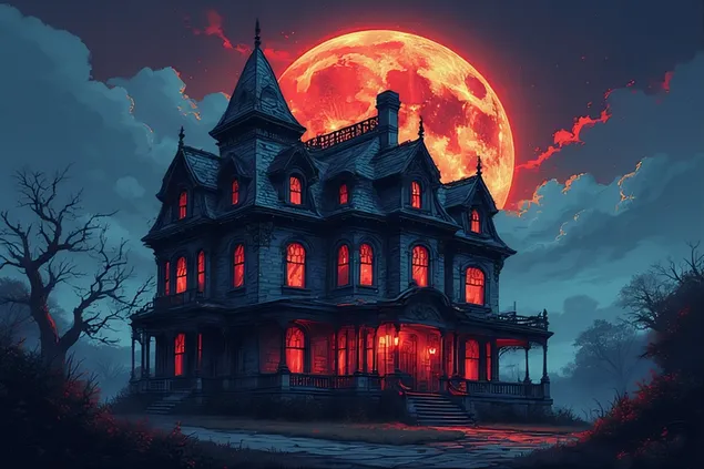 ''una dimora vittoriana infestata che brilla sotto una luna rossa, ombre inquietanti alle finestre, atmosfera inquietante'' scarica