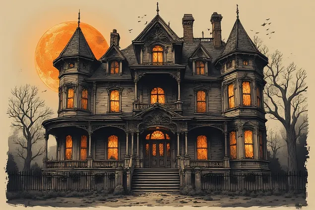 Una villa vittoriana infestata che brilla sotto una luna rossa, ombre inquietanti alle finestre, atmosfera inquietante”2 4K sfondo