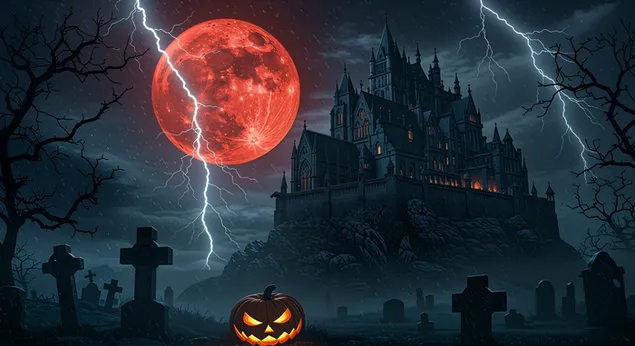 strasidelny goticky hrad pod bourlivou halloweenskou oblohou - dramaticke temne fantasy prostredi s blesky a stiny stahnout