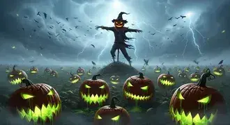 Tapeta Strašidelná halloweenská noc: Zářící strašák z dýně stojí v bouřce a dohlíží na strašidelné pole svítící, kapající pumpy. 2K