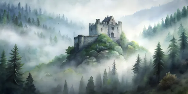 טירה נטושה ויפה להחריד ביער ערפילי 4K טפט