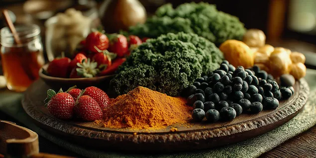 zdravy tanier s bobulami, korenim a listovou zeleninou stiahnut