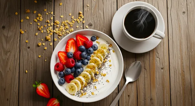 zdrava skleda jogurta z jagodami in kavo - popoln zajtrk prenos