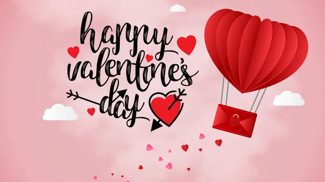 Herz und Brief fliegen mit Liebes-Valentinstag-Schriftzug